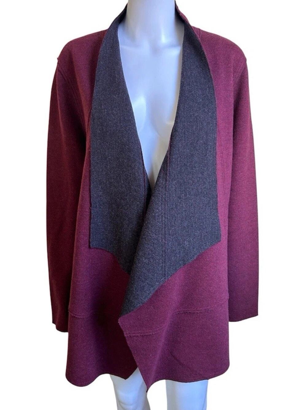 Eileen Fisher Merino Wool Jacket Womens XL Plum Open Front Drape Cardigan Knit